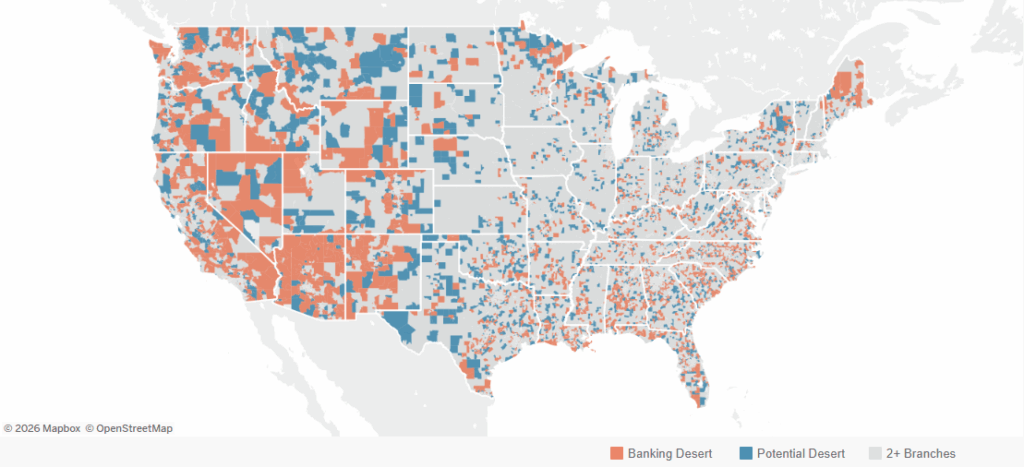 A screenshot of the Fed Communities' banking deserts dashboard, indicating the location of banking deserts within the continental US